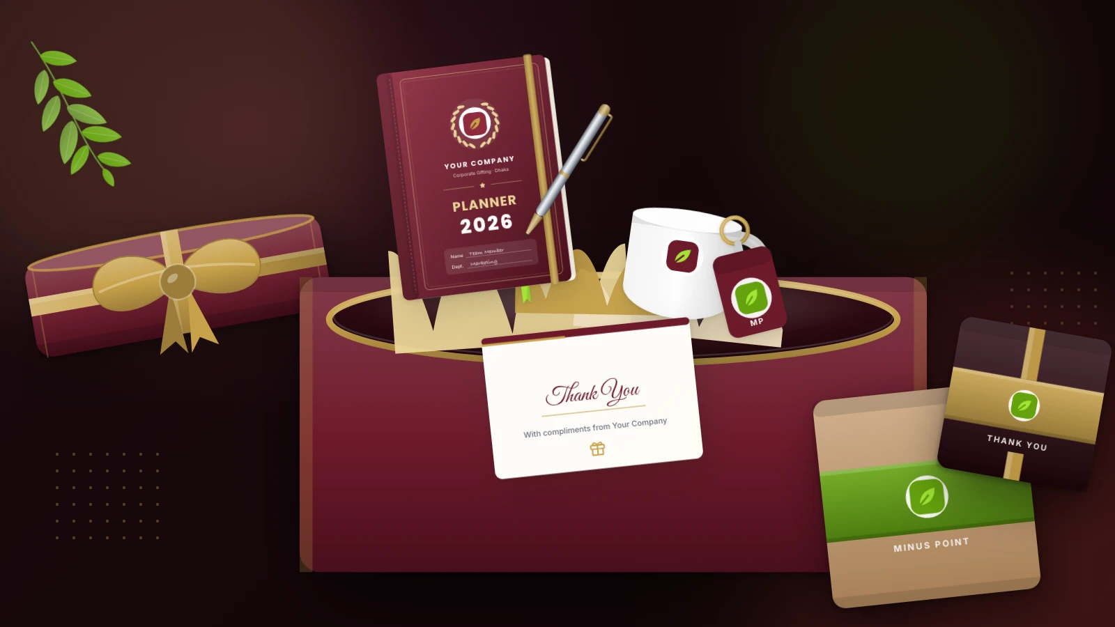Branded corporate gift box with a diary, pen, mug, keychain and card inside