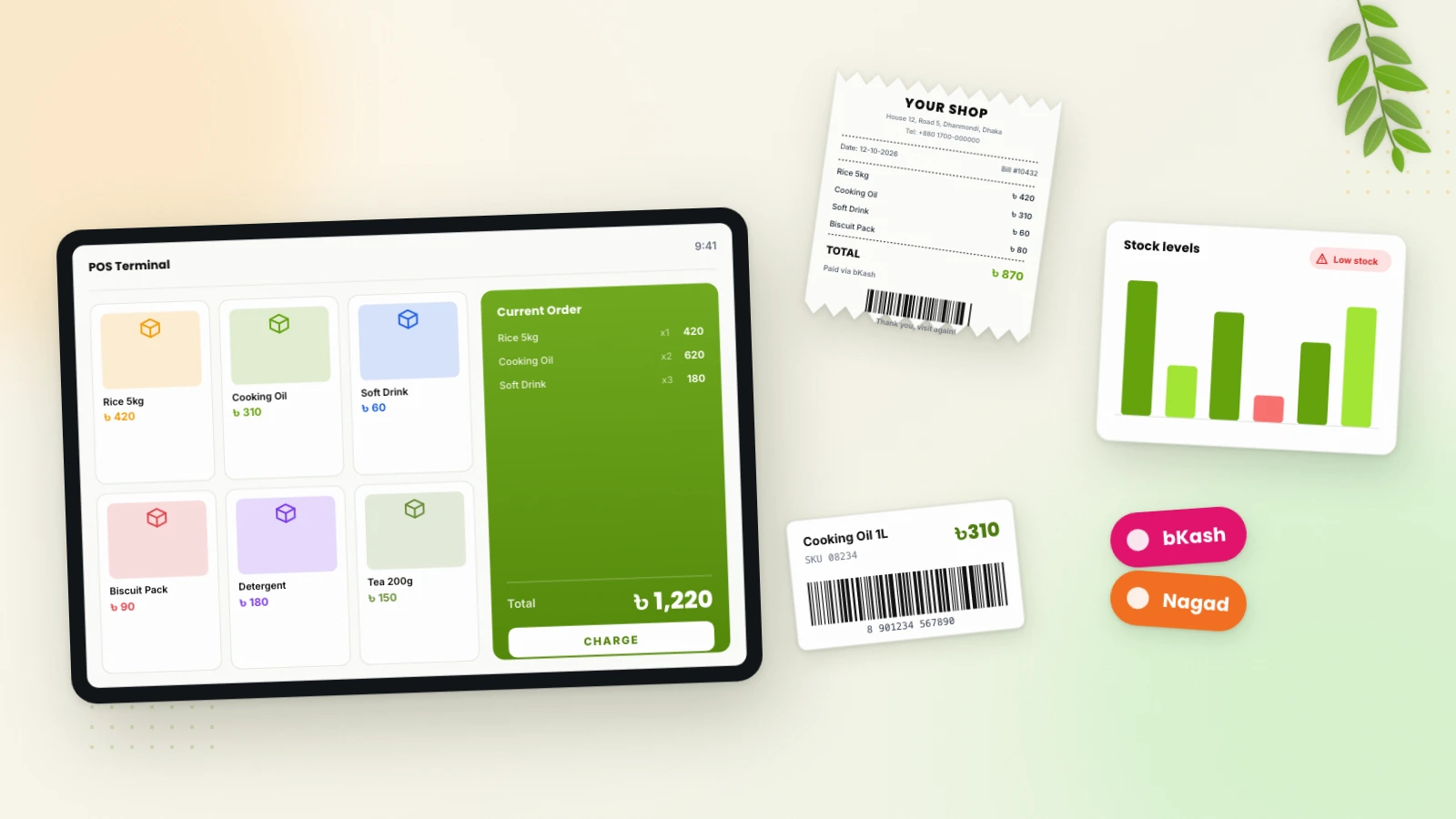 POS tablet, printed receipt and stock chart for retail inventory management