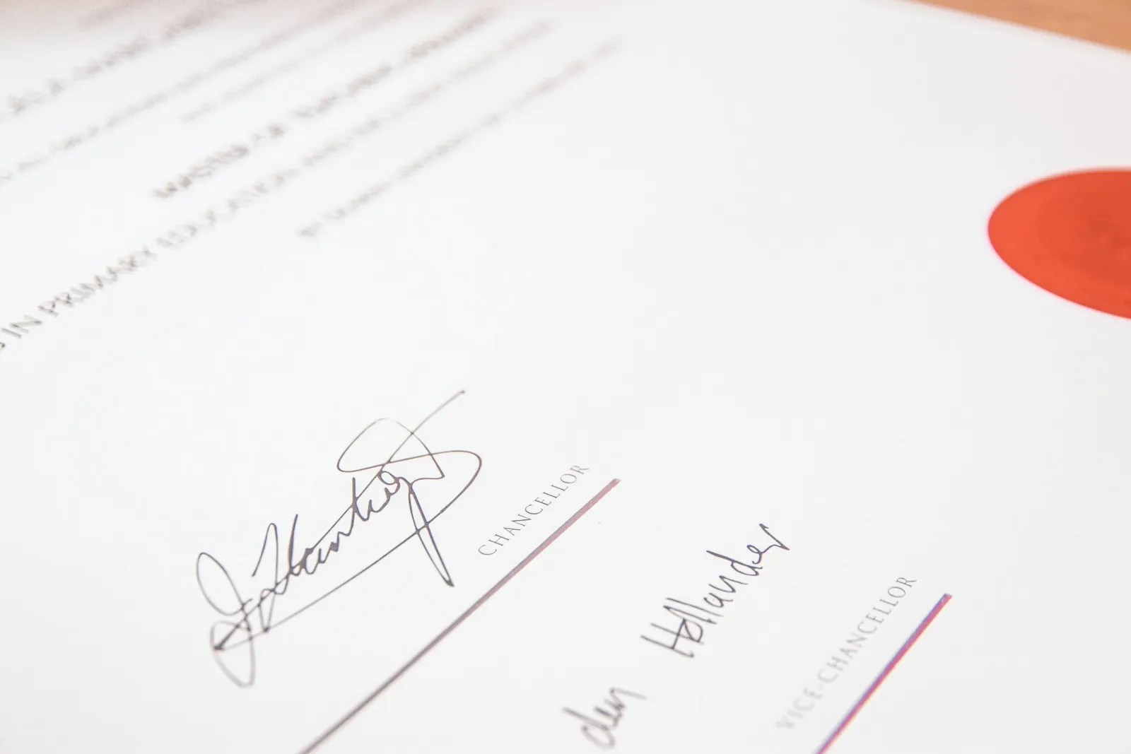 Close-up of a signed university graduation certificate